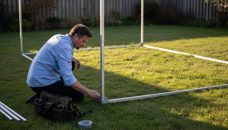 Man bekijkt tentonderdelen zorgvuldig op eventuele beschadigingen.