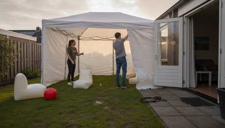 Een stel zet een partytent op in hun achtertuin.
