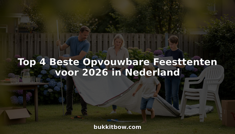 Een Nederlands gezin is samen in de tuin bezig met het opzetten van een partytent die je makkelijk kunt opvouwen.