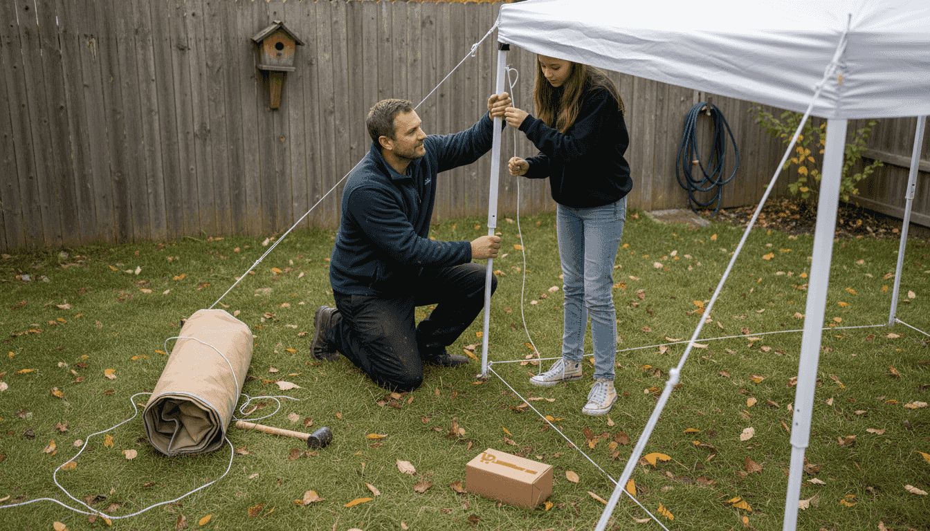 Samen bouwen vader en dochter een milieuvriendelijke partytent op