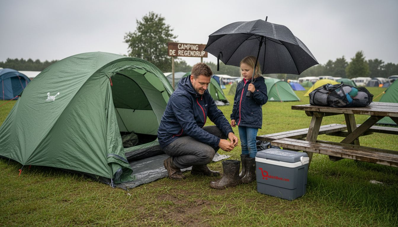 Een gezin zet samen de tent op terwijl de regendruppels over het tentdoek glijden.
