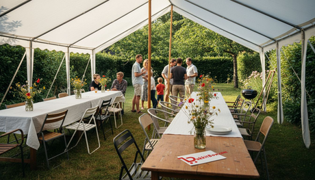 Een gezellige tuinfeest in Nederlandse stijl, gehouden onder een grote witte partytent.