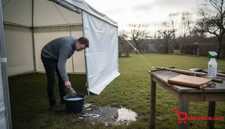 In een koude achtertuin maakt een man zijn partytent schoon.