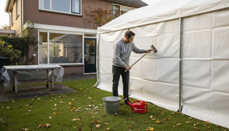 In de stralende zon maakt een man zijn partytent schoon in de tuin.