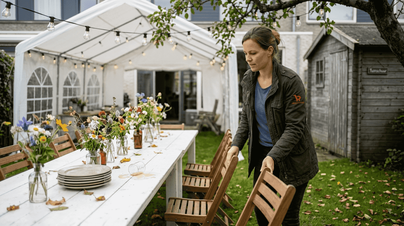 Een vrouw maakt de buitenlocatie klaar voor het feest en zorgt voor stoelen en sfeervolle decoratie.