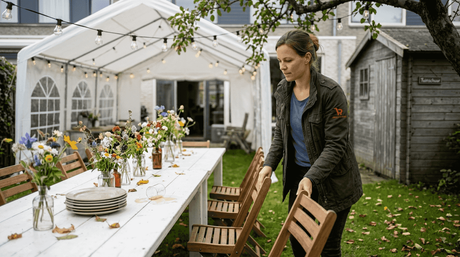 Een vrouw maakt de buitenlocatie klaar voor het feest en zorgt voor stoelen en sfeervolle decoratie.