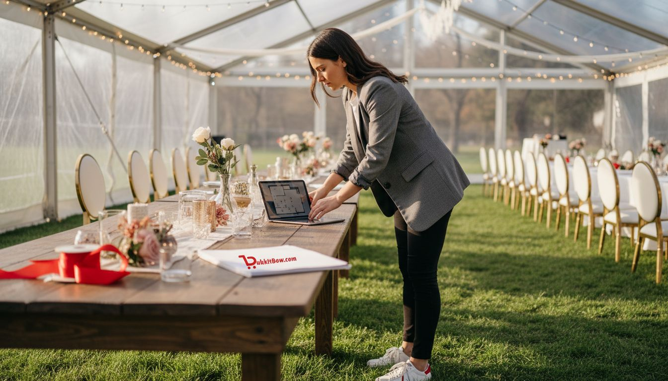 Feesttent met doorzichtige wanden, terwijl de organisator aan een tafel zit te overleggen.