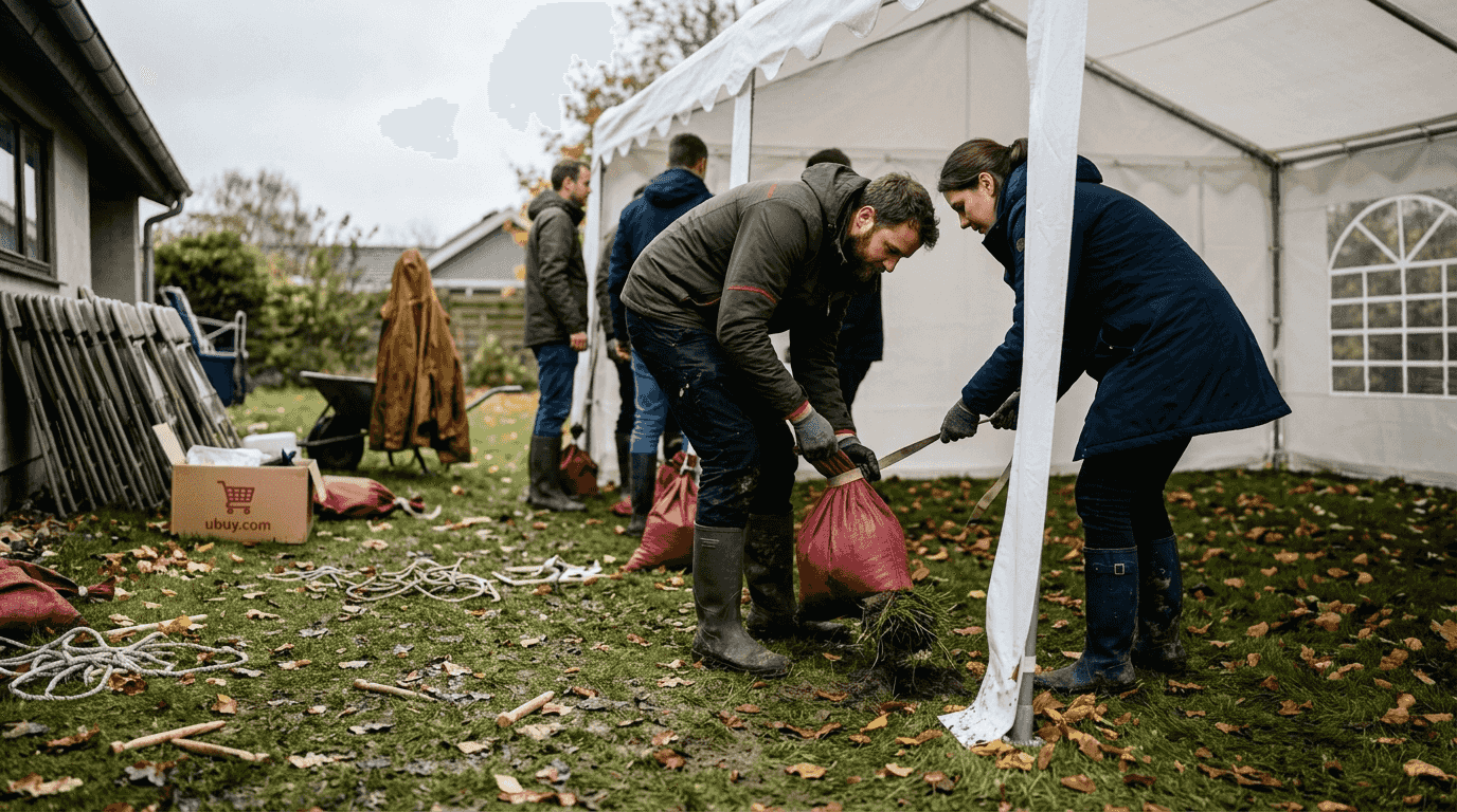 Ondanks de regen zijn mensen druk bezig om zandzakken rond de feesttent te leggen.