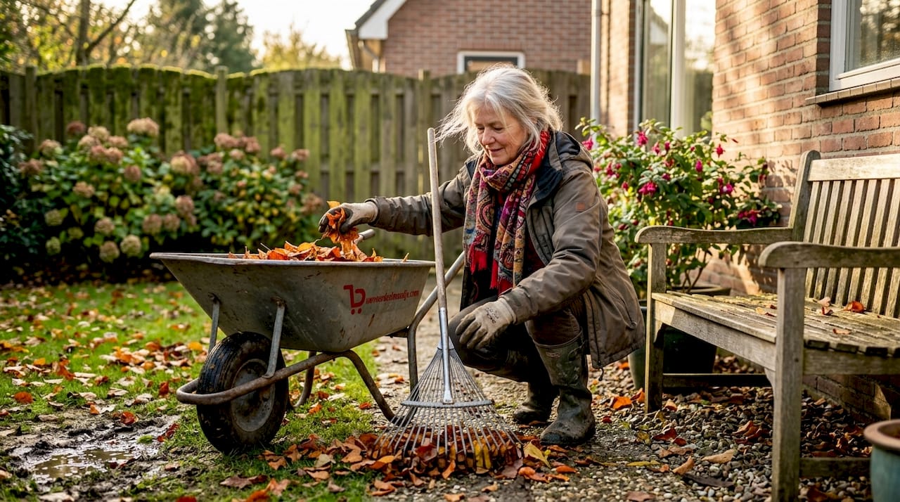 Vrouw maakt haar tuin klaar voor de winter bij het tuinbankje