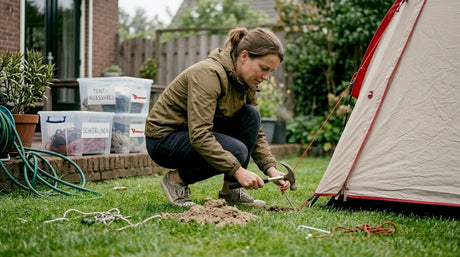 Vrouw zet kampeerspullen op in de tuin