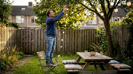 Een man hangt sfeerverlichting op in zijn tuin.