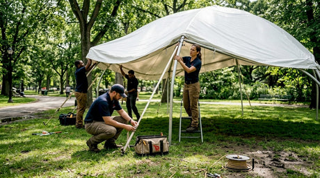 Medewerkers van het evenement zijn in het park bezig om een ronde tent op te zetten.