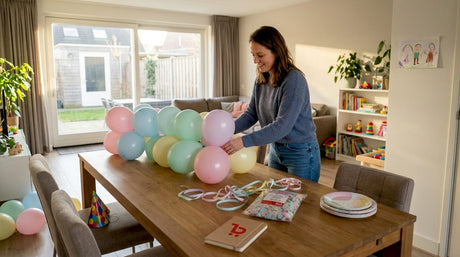 Een vrouw is druk bezig met het ophangen van feestballonnen in de woonkamer.