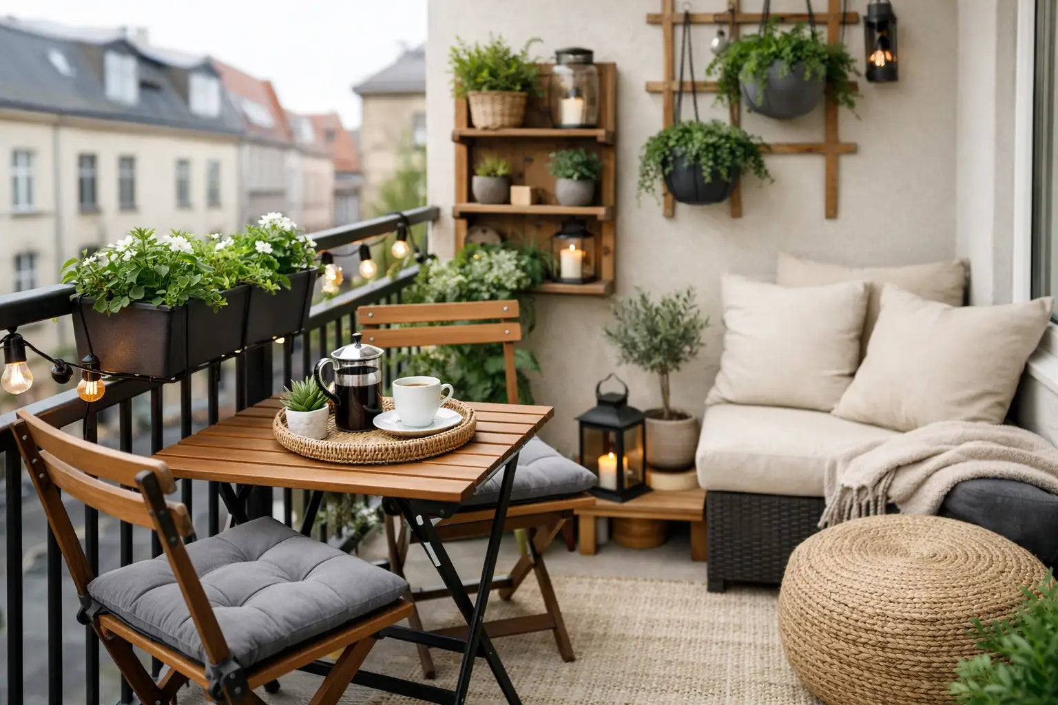 Klein balkon praktisch ingericht: voorbeeld