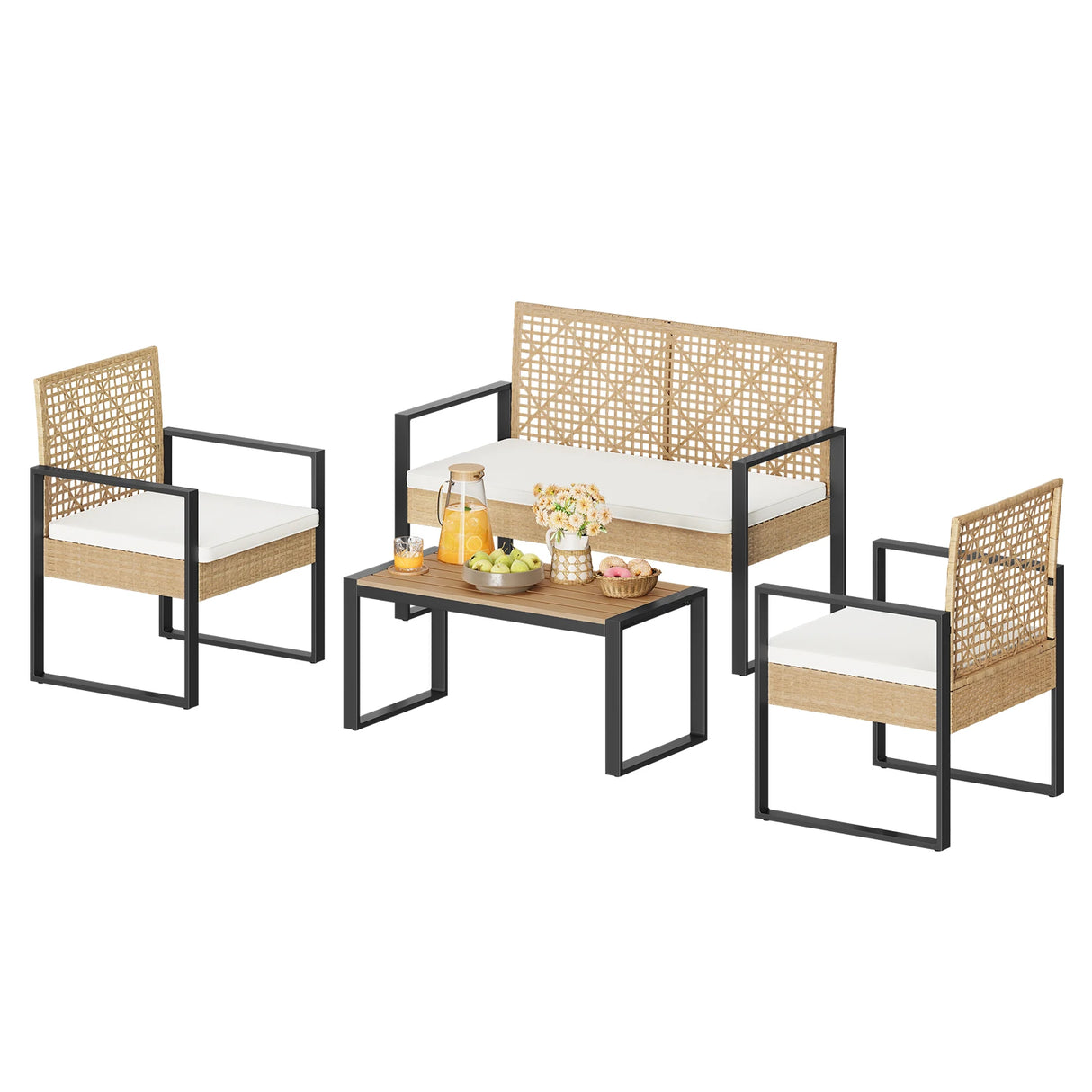 Moderne BukkitBow rotan loungeset met salontafel en kussens, comfortabele buitenmeubelset voor gezellige tuin of terras.