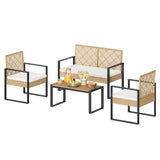 Moderne BukkitBow rotan loungeset met salontafel en kussens, comfortabele buitenmeubelset voor gezellige tuin of terras.