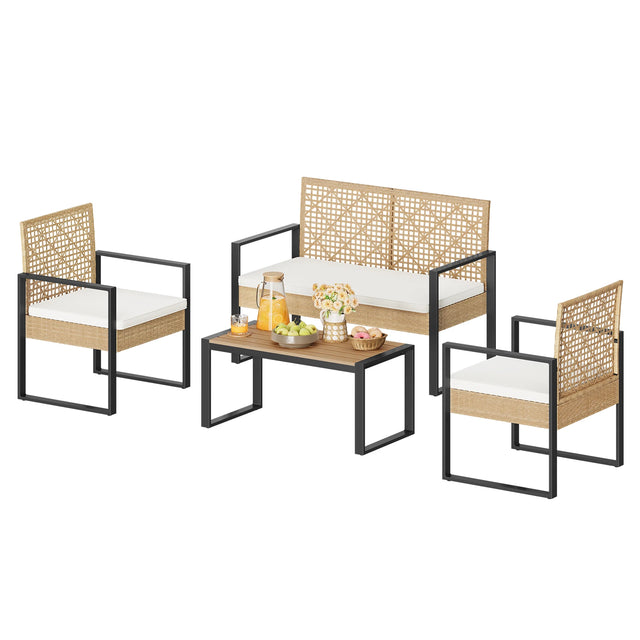 Moderne BukkitBow rotan loungeset met salontafel en kussens, comfortabele buitenmeubelset voor gezellige tuin of terras.