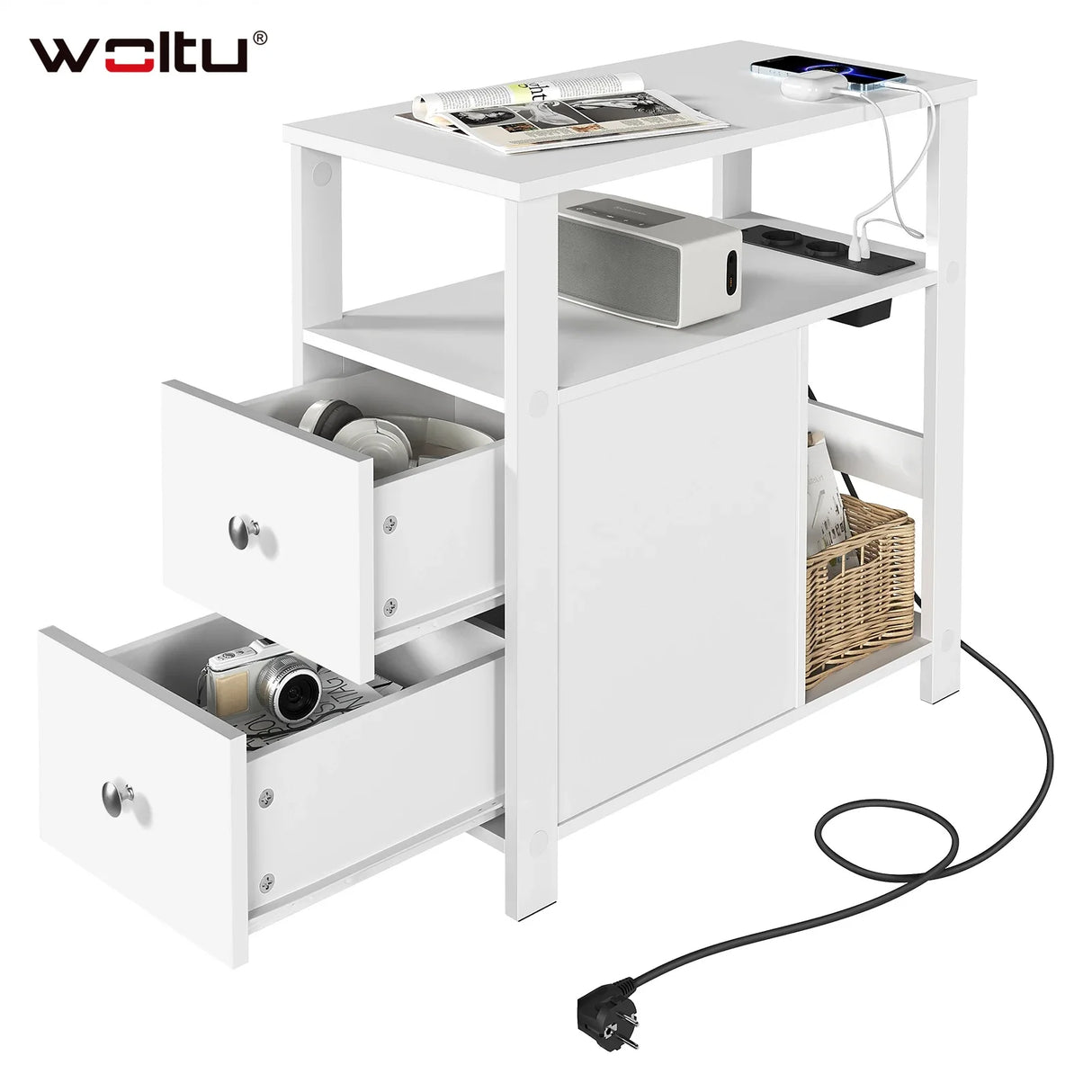 BukkitBow - Smalle Bijzettafel - Met 2Stopcontacten & 2 USB - Laden & Opbergruimte - Nachtkastje voor Woonkamer & Slaapkamer