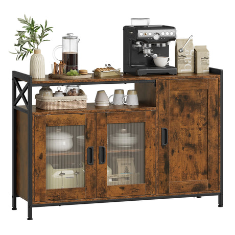 Industrieel BukkitBow dressoir met verstelbare planken en keukenkast, zwart metalen frame en houten laden, moderne opslagoplossing