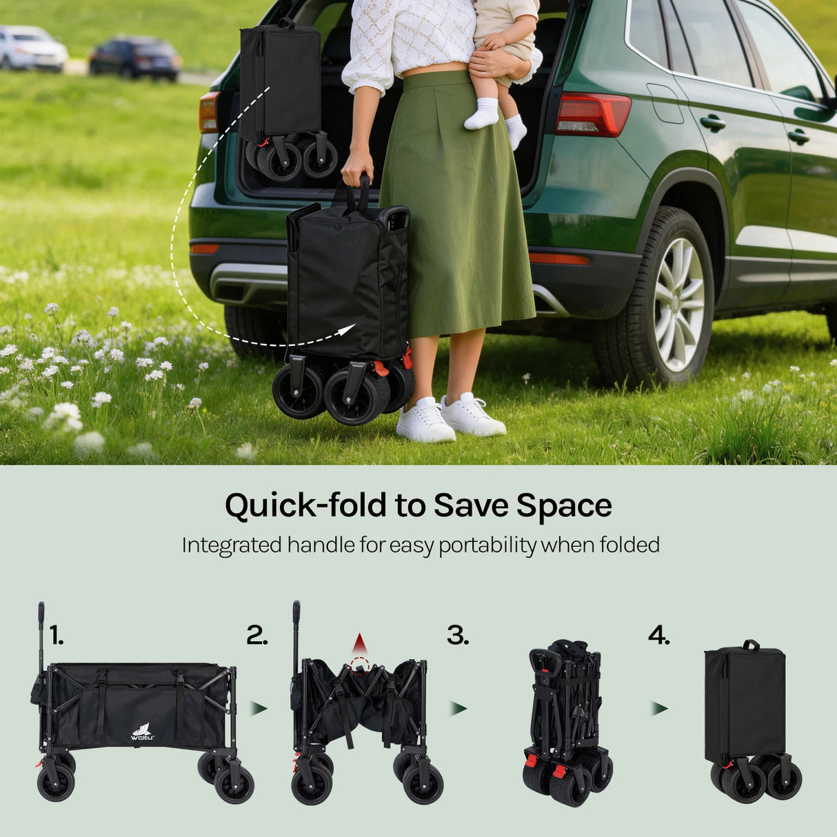 BukkitBow opvouwbare bolderkar met grote capaciteit en all-terrain wielen, geschikt voor zwaar transport en outdoor gebruik.
