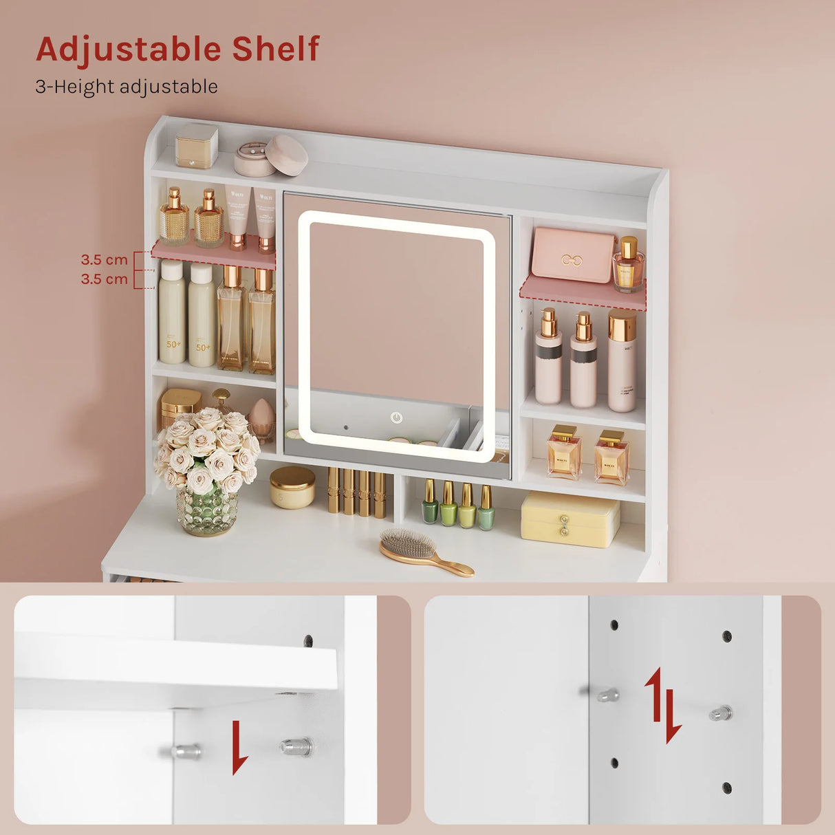 BukkitBow compacte kaptafel met LED-verlichting en verborgen opbergruimte, stijlvolle houten meubel voor in de slaapkamer