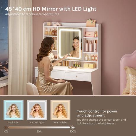 BukkitBow compacte kaptafel met LED-verlichting en verborgen opbergruimte, stijlvolle make-up tafel met spiegel en opbergvakken