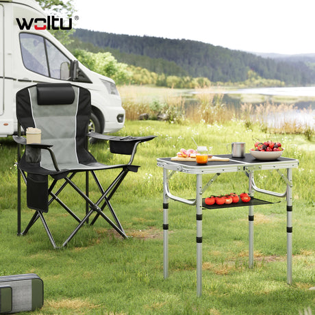 Verstelbare BukkitBow campingtafel met opbergnet en haken, inklapbaar en geschikt voor kamperen en outdoor activiteiten.