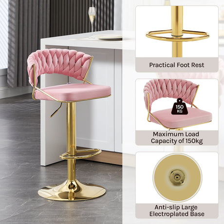 Luxe velvet barstoel van BukkitBow met gevlochten rugleuning, set van 2, elegante en comfortabele zitgelegenheid
