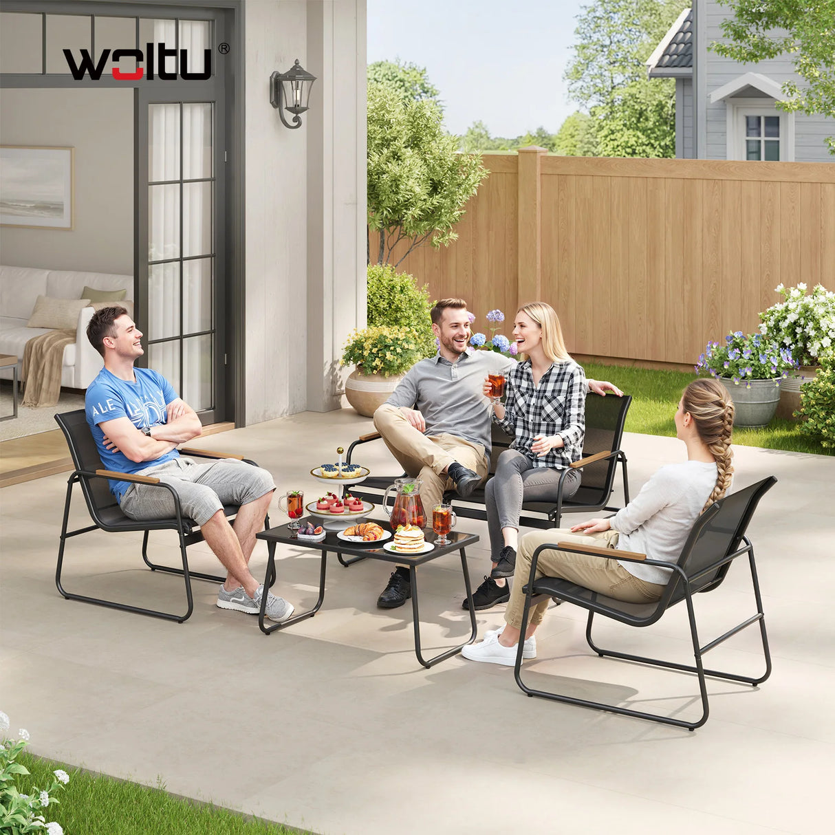 BukkitBow tuinmeubelset met 4 delen, bank, stoelen en glazen tafel voor buitengebruik, in een tuinsetting