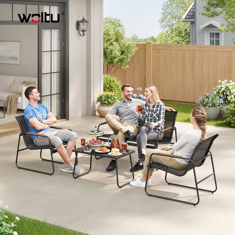BukkitBow tuinmeubelset met 4 delen, bank, stoelen en glazen tafel voor buitengebruik, in een tuinsetting