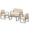 Moderne BukkitBow rotan loungeset met salontafel en kleurrijke kussens, perfect voor buitencomfort.