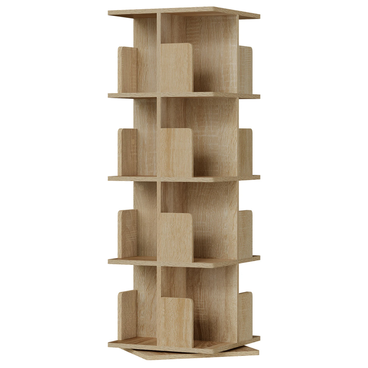 Roterende BukkitBow boekenkast met 4 niveaus, 360 graden draaibaar, modern design en houtafwerking in beeld.