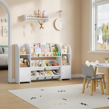 BukkitBow kinderboekenkast met 6 opbergbakken en deurtjes, Montessori speelgoedkast voor kinderen, zwart-wit design