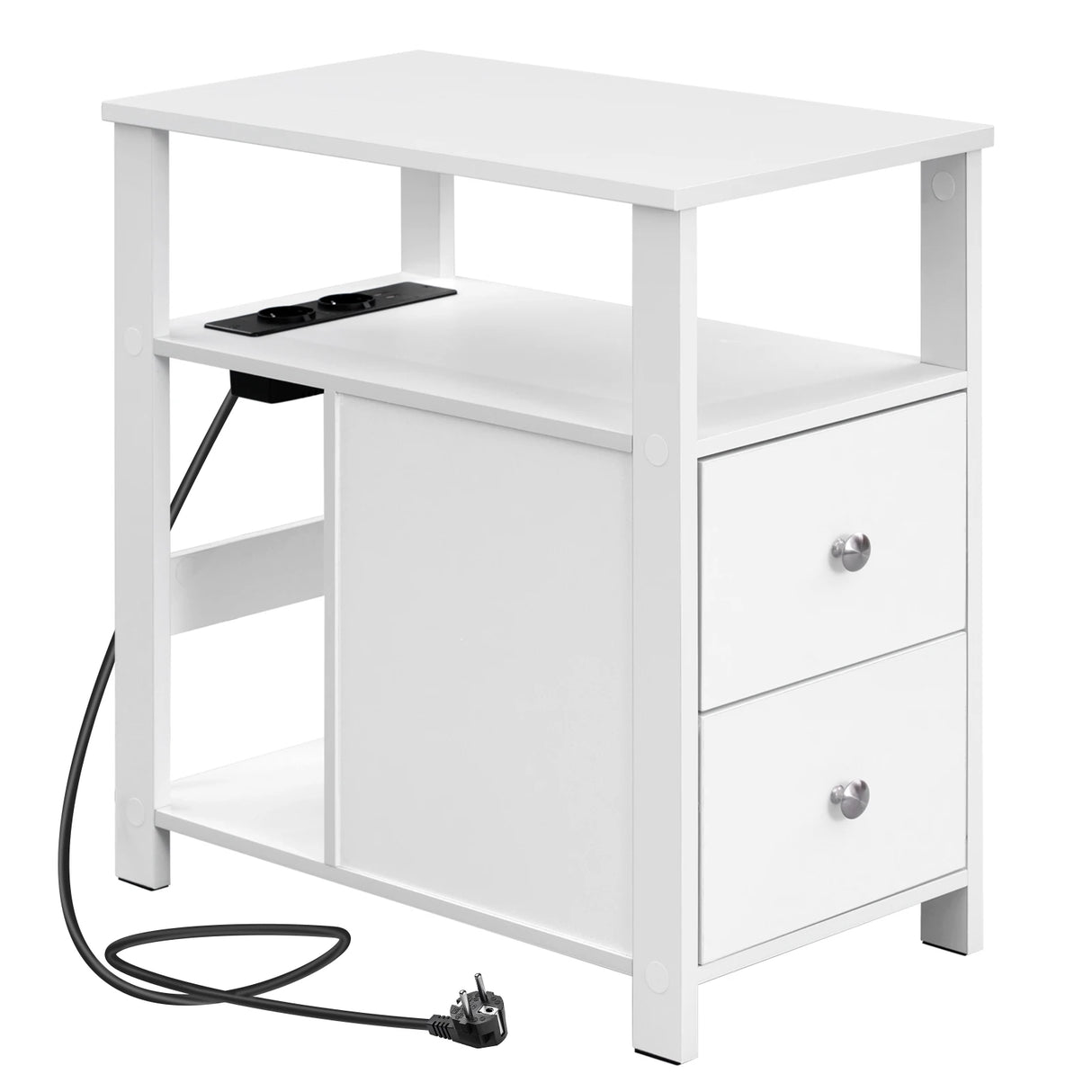 BukkitBow - Smalle Bijzettafel - Met 2Stopcontacten & 2 USB - Laden & Opbergruimte - Nachtkastje voor Woonkamer & Slaapkamer