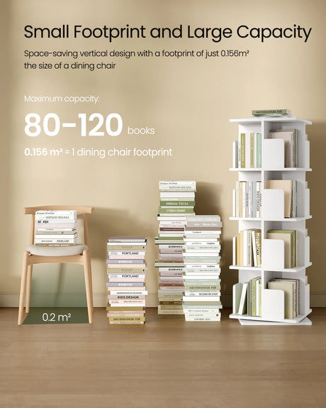 Roterende BukkitBow boekenkast met 4 niveaus, 360 graden draaibaar, moderne design en zwart afwerking, geschikt voor woonkamer of kantoor.