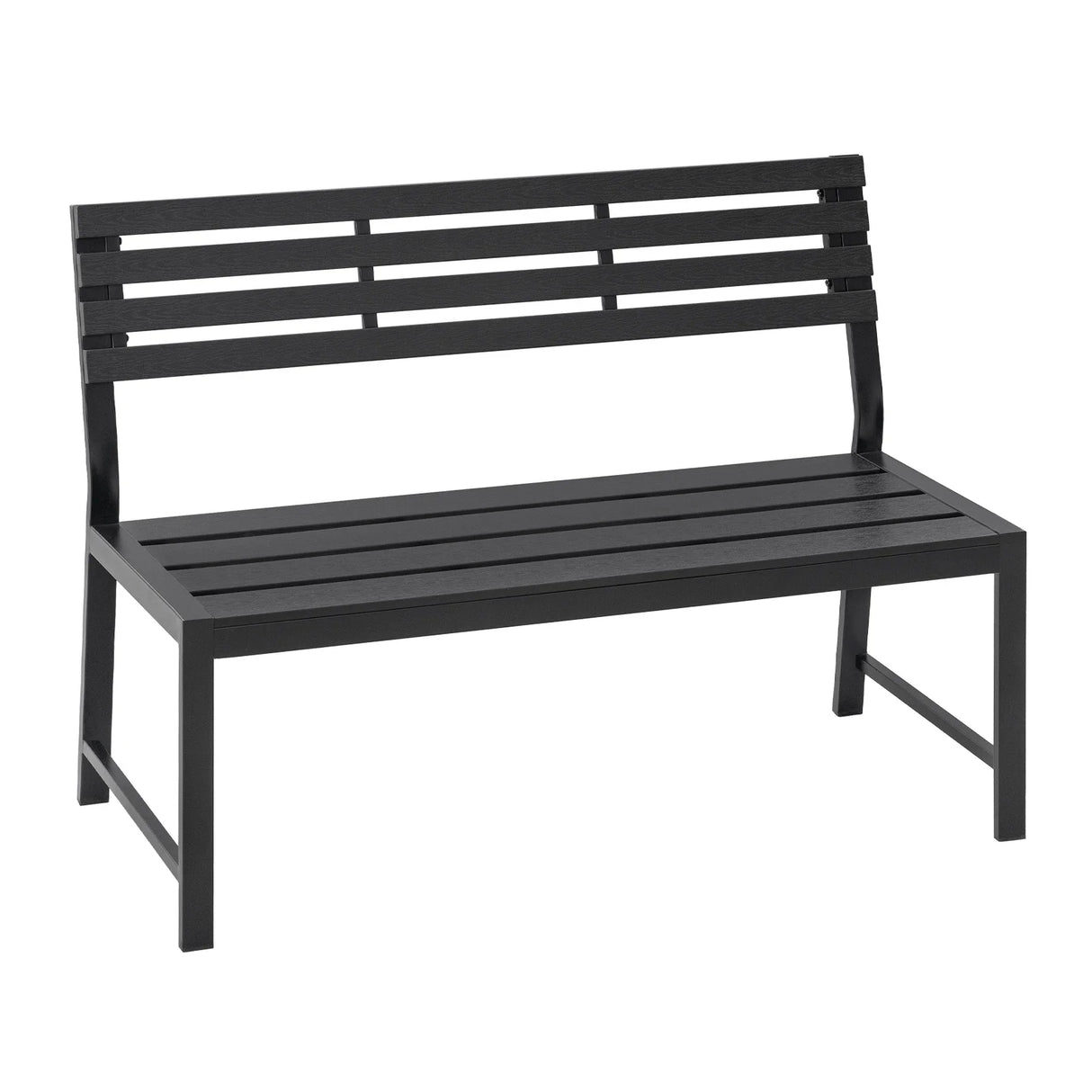 Moderne BukkitBow tuinbank met houten latten en metalen frame, geschikt voor tuin of terras, stijlvolle buitenmeubels.