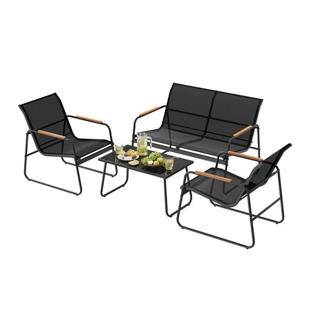 BukkitBow tuinmeubelset met bank, stoelen en glazen tafel voor buiten, comfortabel en modern tuinmeubelset in afbeelding.
