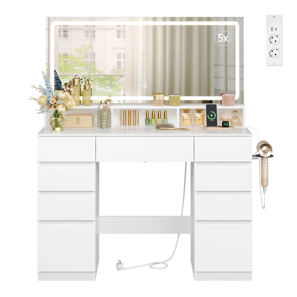 BukkitBow grote kaptafel met LED-spiegel en stopcontact, Hollywood stijl, met spiegel, lades en make-up accessoires op tafel