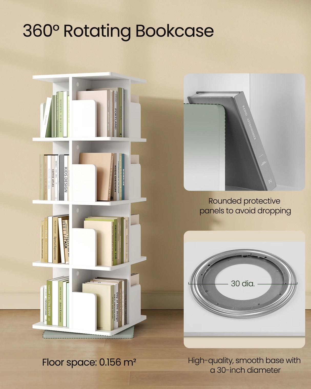 Roterende BukkitBow boekenkast met 4 niveaus, 360 graden draaibaar, moderne houten opbergkast voor boeken en decoraties