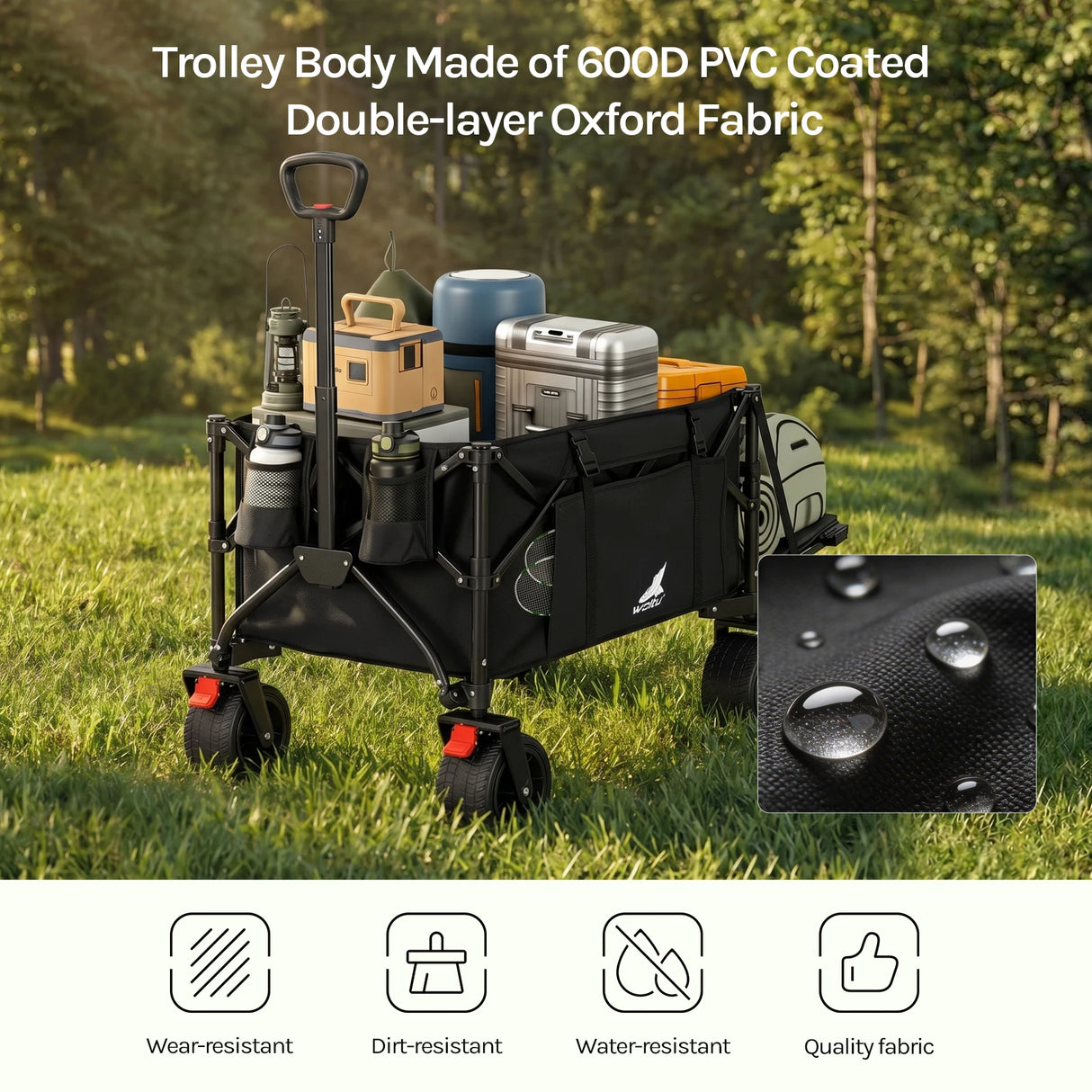 Opvouwbare BukkitBow bolderkar met grote capaciteit en all-terrain wielen, geschikt voor zware lasten en diverse ondergronden.