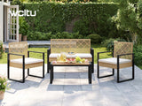 Moderne BukkitBow rotan loungeset met salontafel en comfortabele kussens, perfect voor stijlvolle buitenruimte.