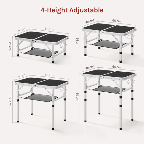 BukkitBow campingtafel met verstelbare hoogte, opvouwbaar, inclusief opbergnet en haken, geschikt voor kamperen en outdoor gebruik