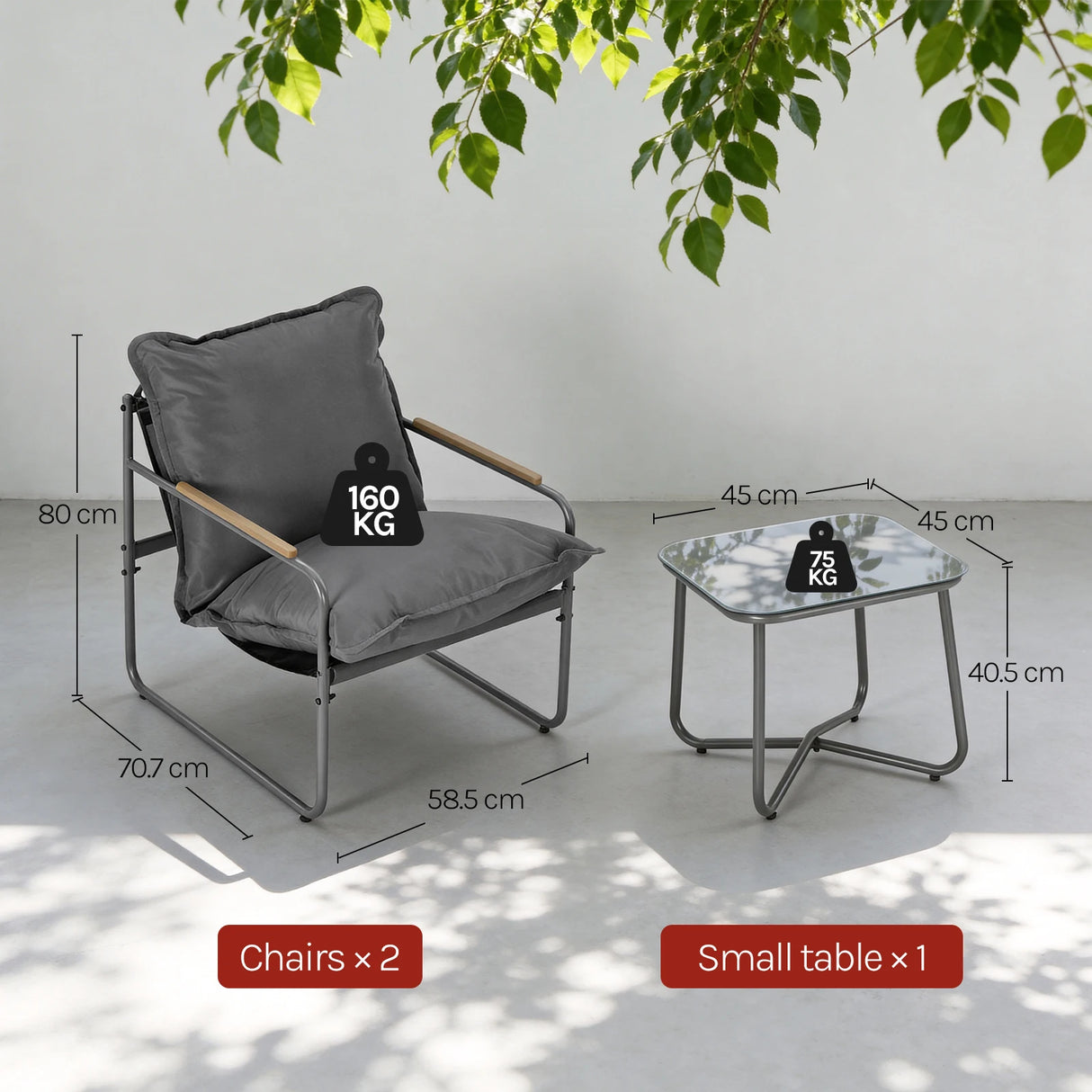 Moderne BukkitBow balkonset met glazen tafel en 2 bijpassende stoelen, perfect voor buiten in de tuin of op het balkon