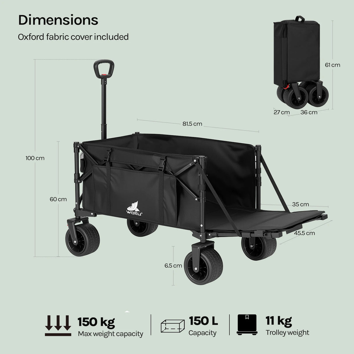 BukkitBow opvouwbare bolderkar met grote capaciteit en all-terrain wielen, geschikt voor vervoer op verschillende ondergronden.