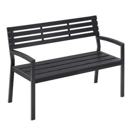 Moderne BukkitBow tuinbank met houten latten en metalen frame, stijlvolle zitplek voor in de tuin