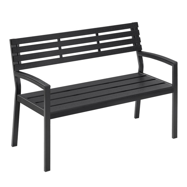Moderne BukkitBow tuinbank met houten latten en metalen frame, stijlvolle zitplek voor in de tuin