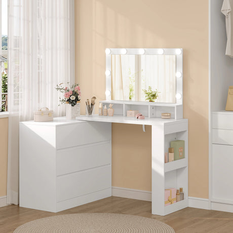 BukkitBow kaptafel met 7 laden, verstelbare LED-spiegel en flexibele hoek, ideaal voor make-up en sieraden op de muur