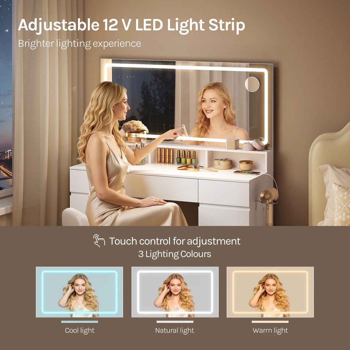 Grote BukkitBow kaptafel in Hollywood-stijl met LED-spiegel en stopcontact, ideaal voor make-up en haarstyling.