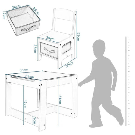 BukkitBow 3-in-1 kindertafel met omslaarbaar schoolbord en opbergruimte, veilig ontwerp, afmetingen 63x63x51cm.