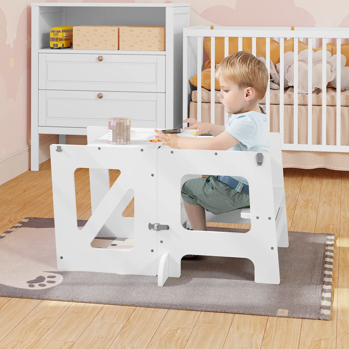 BukkitBow 3-in-1 Montessori leertoren met kinderstoel en bureau, compact en multifunctioneel voor kinderen, in neutrale kleuren